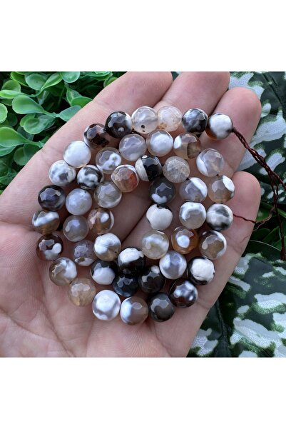 TAŞ UZMANI حجر العقيق الكروي متعدد الأوجه باللون البني والبيج والأبيض 8 ملم