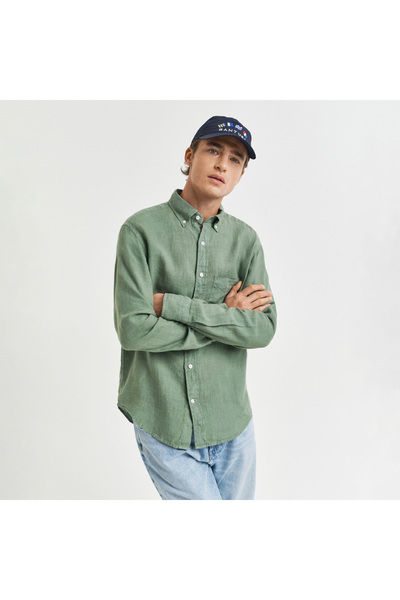 Gant Erkek Yeşil Regular Fit Düğmeli Yaka Keten Gömlek