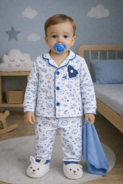 Erkek Bebek/Çocuk Galaksili 1-6 Yaş Önden Düğmeli Pijama Takımı