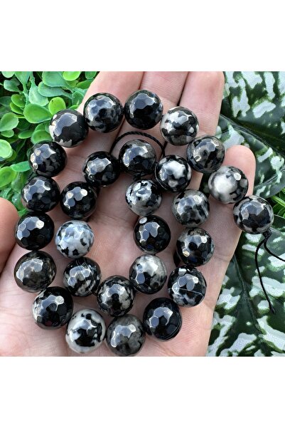 TAŞ UZMANI حجر العقيق الأسود والرمادي الكروي المصقول 14 ملم