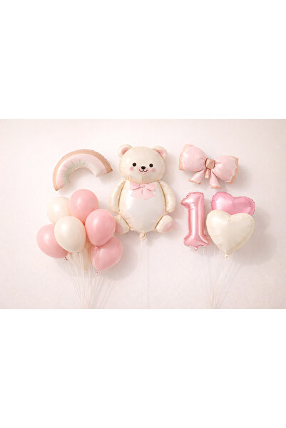 eğlencemarketi 1 Yaş Kız Doğum Günü Balon Seti – Ayıcık, Kalp, Gökkuşağı, Pem...