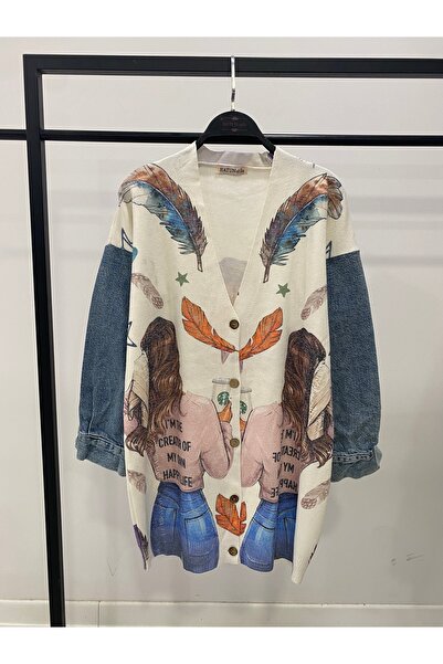 Hatun Atila Long Knit Cardigan with Denim Detail on the Sleeves - 1180