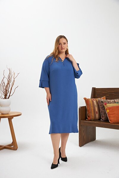 RMG Collar Brooch Detailed Slit Plus Size Dress Indigo