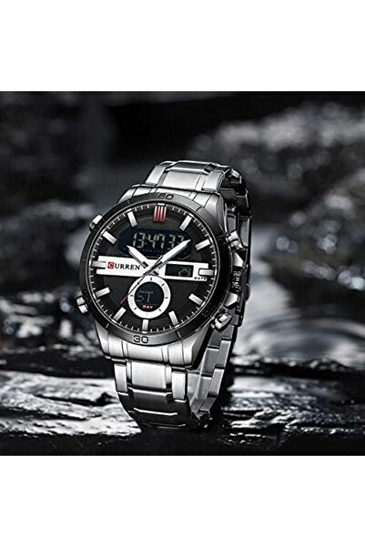 Curren ساعة يد رجالية تناظرية رقمية فضية سوداء CR-8384
