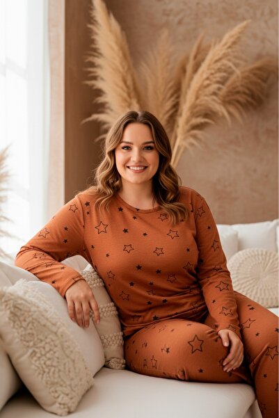 LİLA İÇ GİYİM Battal Black Star Detailed Plus Size Pajama Set