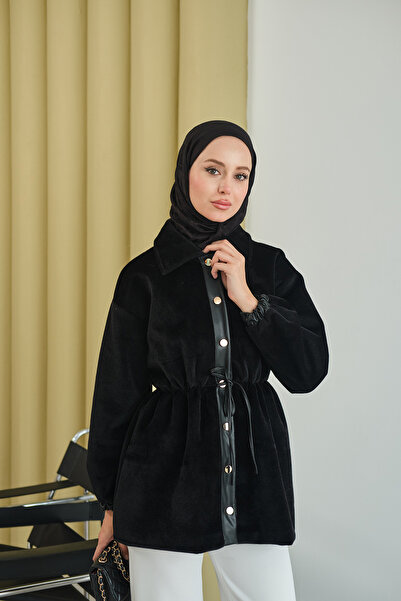 LOCCO Women's Adjustable Waist Shirt Collar Angora Jacket Black