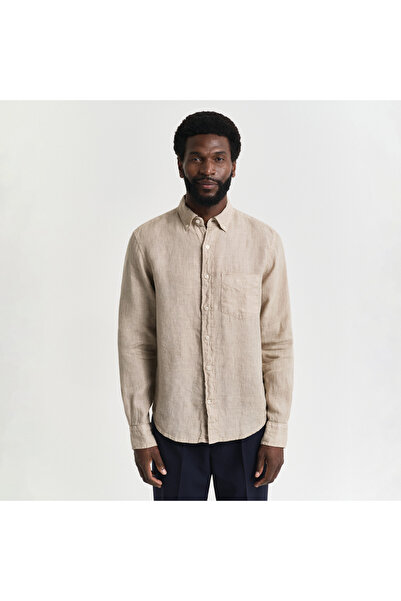 Gant Erkek Bej Regular Fit Düğmeli Yaka Keten Gömlek