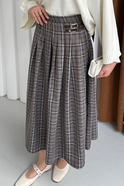 Modaensarbutik Toka Detaylı Ekose Pileli Verev Etek-VİZON