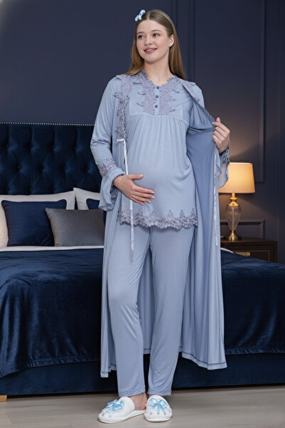 BLACKMORE Kadın Mavi Özel Dantelli Sabahlıklı 3'Lü Lohusa Pijama Takımı