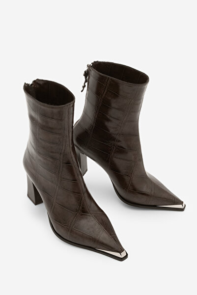 Marjin Women's Pointed Toe Back Zipper Thick Heeled Boots Zavoli Brown Croco