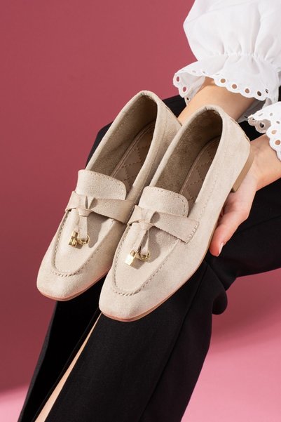 FUGA MODA Viona Beige Suede Loafer Ballet Flats with Mini Bow Accessory