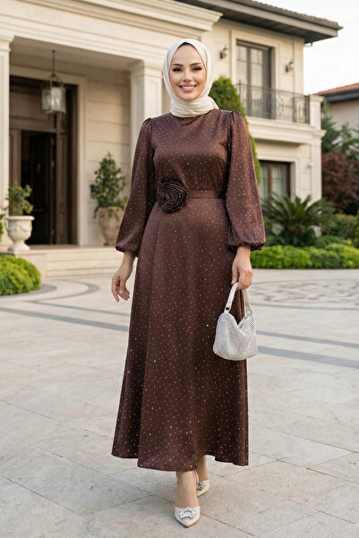 Hb Harma Time Butik Women's Pearl Detailed Belted Brown Satin Dress