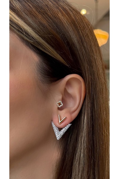 ADENNA JEWELRY Zircon Stone Double Plated V Shape Steel Earrings
