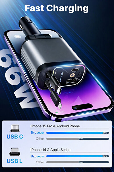 Generic Car Charger With Light 66W Fast Charging Telescopic Cable USB & Type-...