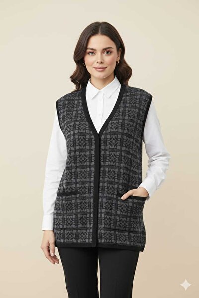 Uludağ Triko Жіночий чорний трикотажний светр з кишенями та картатим візерунком