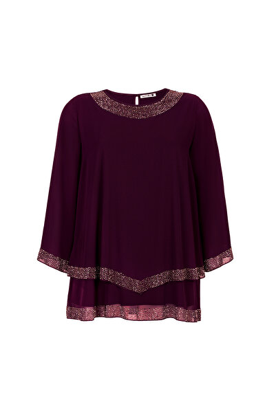 MİYORO Double Layer Stone Detailed Plus Size Evening Dress Blouse