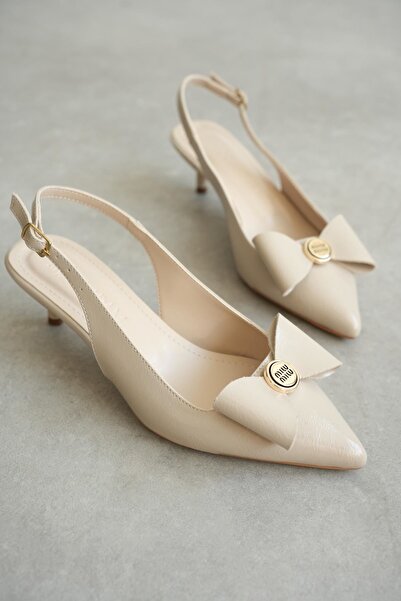 MODAADAM Women's Tesla Short Heeled Bow Tie Shoes - Tan Patent Leather