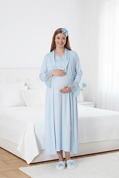 BLACKMORE طقم ثوب نوم للحوامل من القطن بتصميم دانتيل خاص باللون الأزرق للنساء