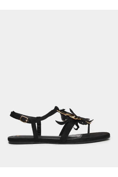 Styli Black Flat Sandals with Floral Detail