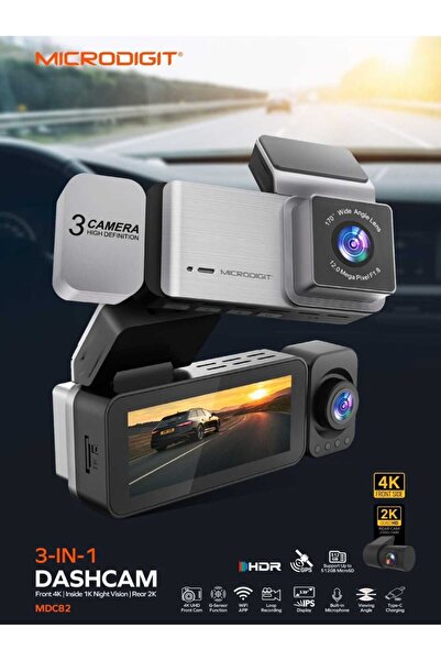 Microdigit Triple-lens dashcam with 4K front and 2K rear resolution, and an i...
