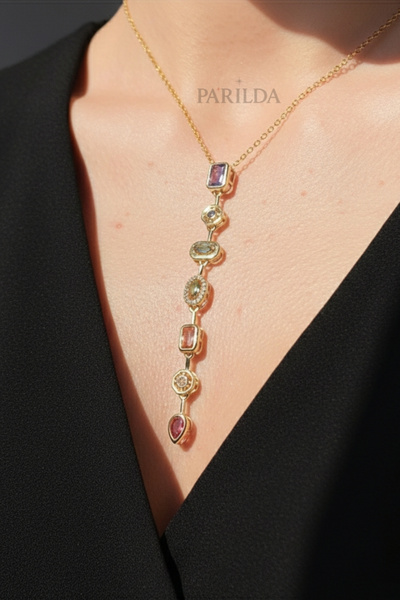 Parılda Geometrik 7 Element Renkli Taşlı Y Kolye 316L Paslanmaz Çelik