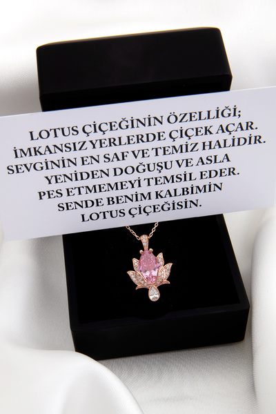 SARIASLAN Pembe Taşlı Özel Tasarım Yeni Lotus Çiçeği Gümüş Kolye Kırmızı Altı...