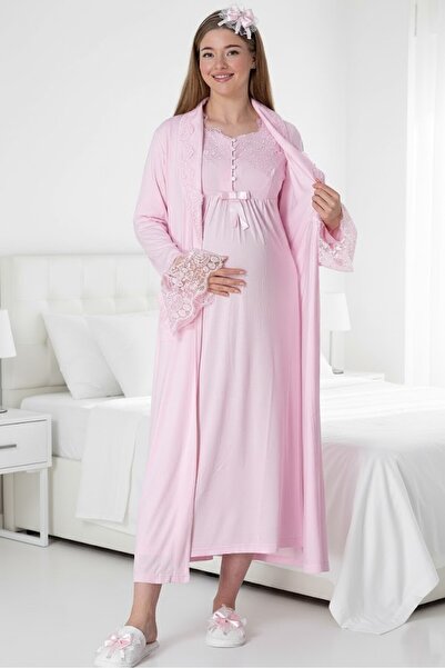BLACKMORE طقم ثوب نوم للحوامل من القطن بتصميم دانتيل خاص باللون الوردي للنساء