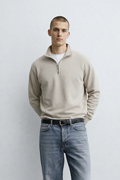 MATERIAL Ανδρικό φούτερ με μισό φερμουάρ, χαλαρό, χειμερινό, κρεμ χρώματος