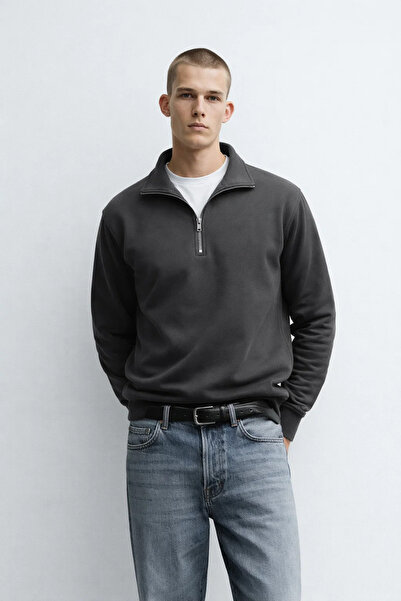 MATERIAL Ανδρικό φούτερ με μισό φερμουάρ, χαλαρό, χειμερινό, καπνιστό