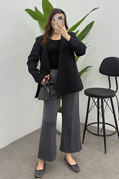 Yefrastore Women's Anthracite Elastic Waist Scuba Comfortable Cut Trousers