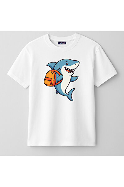 Okula Giden Köpekbalığı - School Shark Kısa Kollu Baskılı Unisex Çocuk Tişört (4-13 Yaş)