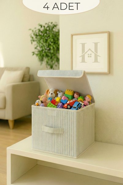 HURCEVİM 4 Adet - Antrasit Çizgili Çok Amaçlı Kutu Hurç - Dik Durabilen Oyuncak Kutusu - 30 x 30 x 30 CM