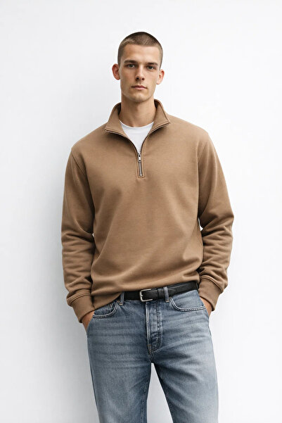 MATERIAL Hanorac casual pentru bărbați, cu jumătate de fermoar, culoare caramel