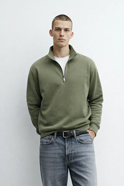 MATERIAL Hanorac verde de iarnă, lejer, cu jumătate de fermoar, pentru bărbați