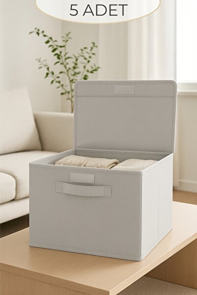 HURCEVİM 5 Adet - Gri Çok Amaçlı Kutu Hurç - 30 x 30 x 30 CM - Dik Durabilen Oyuncak Kutusu - Organizer