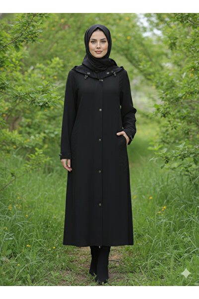 NATURAMED Kadın Siyah Kapüşonlu Fermuarlı ve Çıtçıtlı Mevsimlik İpek kupra Kap