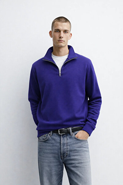 MATERIAL Erkek Yarım Fermuarlı Salaş Kışlık Saks Sweatshirt