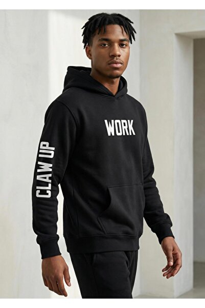 CLAW UP WORK ОВЕРСАЙЗ ХУДИ | BLACKOUT PRINTED (Унисекс памучна мека текстурир...