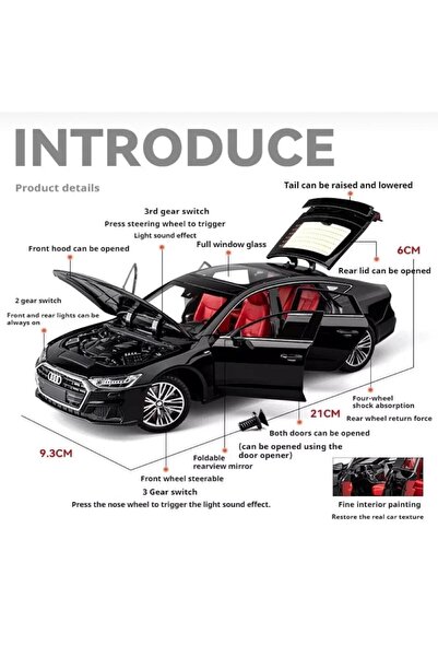 Online 1:24 Audi A7 Sesli Işıklı Çek Bırak Metal Model Diecast Araba Siyah Renk