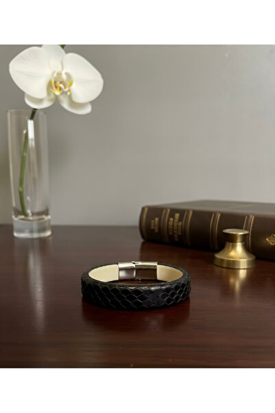 magıcgrange Real Python Skin Men's Bracelet - Exotic Leather Design .Steel Ma...