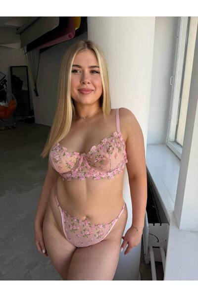 ELAN WEAR pempe çiçek detaylı ikili büyük beden takım