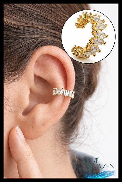 MAZEN Taşlı Ayarlanabilir Ear Cuff | Deliksiz Kıkırdak Küpesi | Gold Renk Kad...