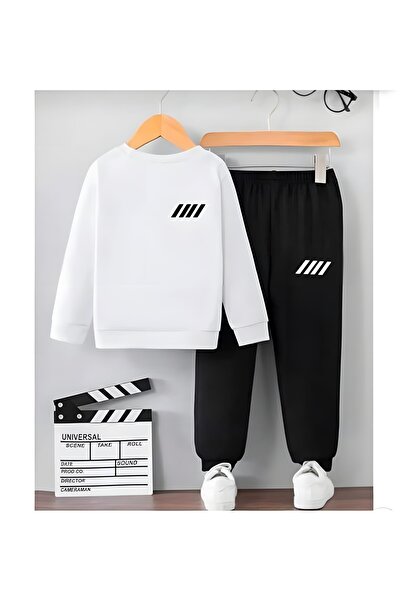 Kids Çizgi Baskılı Beyaz Siyah Çocuk Alt-Üst Takım