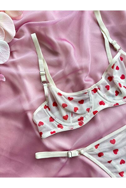 ELAN WEAR White Red Heart Tulle Lingerie Set