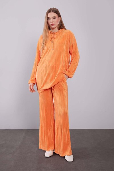 Levidor Orange Hooded Double Set with Lace Detail