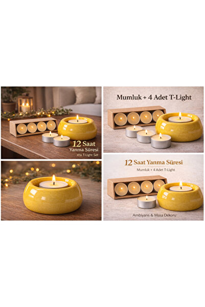 Mumline Seramik Mumluk + 4’lü Tealight Mum Seti | Ambiyans & Masa Dekoru | Ev...
