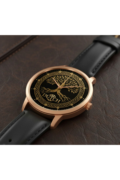 DUTCH STORE A classic watch with a rose gold bezel and black leather strap – ...