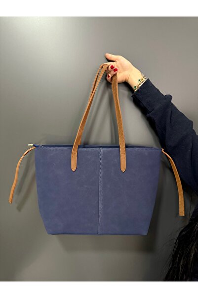 Melos Butik Women's Navy Blue Nubuck Suede Tote Hand and Shoulder Bag