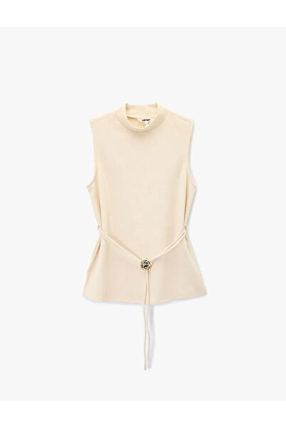 Koton guler ridicat Bluză de damă bej cu centură fără mâneci 6WAK70030UK