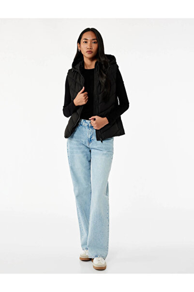 Koton Vestă neagră pentru femei, fără mâneci, cu fermoar cu glugă 6WAK20020EW